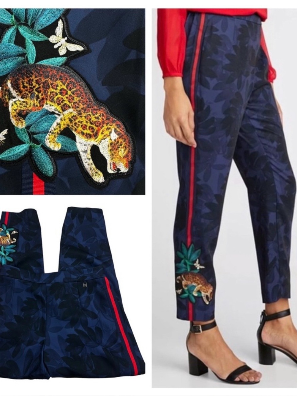 Ted Baker Leaf Embroidered Tiger Patch Tuxedo Striped High Rise Pants Size 1